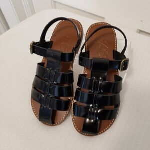 NWOB J. Crew Fisherman Spazzolato Shiny Black Leather Sandals Size 5